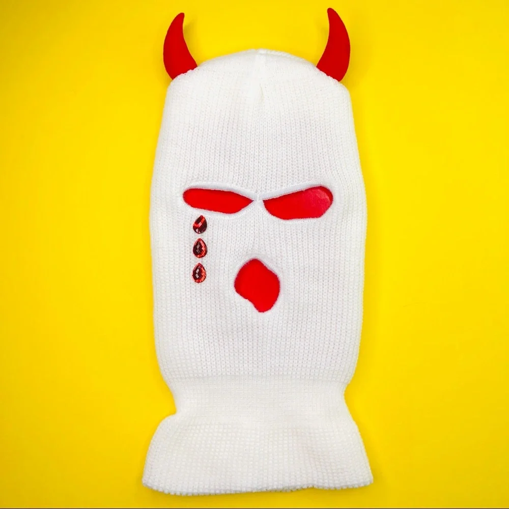 Cry Evil Devil White Ski Mask Balaclava Beanie Cap 3 Holes Full Face Cover - Picture 1 of 4